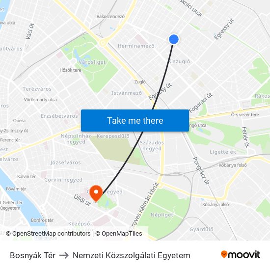 Bosnyák Tér to Nemzeti Közszolgálati Egyetem map