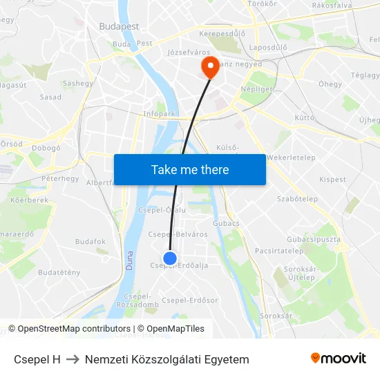 Csepel H to Nemzeti Közszolgálati Egyetem map