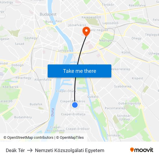 Deák Tér to Nemzeti Közszolgálati Egyetem map