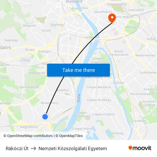 Rákóczi Út to Nemzeti Közszolgálati Egyetem map