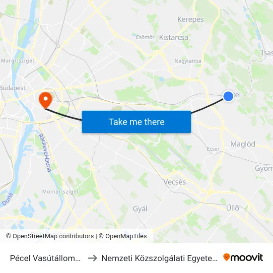 Pécel Vasútállomás to Nemzeti Közszolgálati Egyetem map
