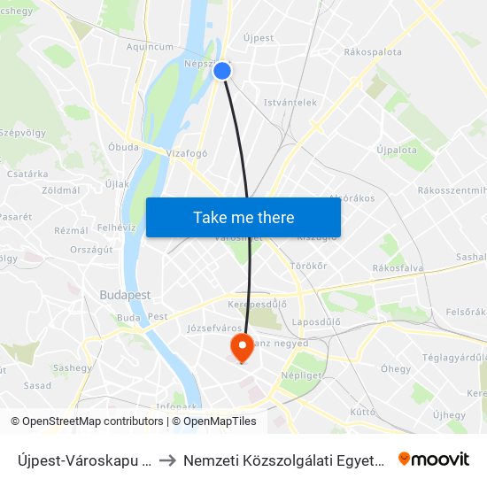 Újpest-Városkapu M to Nemzeti Közszolgálati Egyetem map