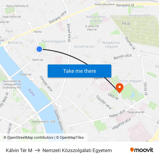 Kálvin Tér M to Nemzeti Közszolgálati Egyetem map