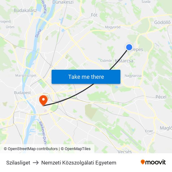 Szilasliget to Nemzeti Közszolgálati Egyetem map