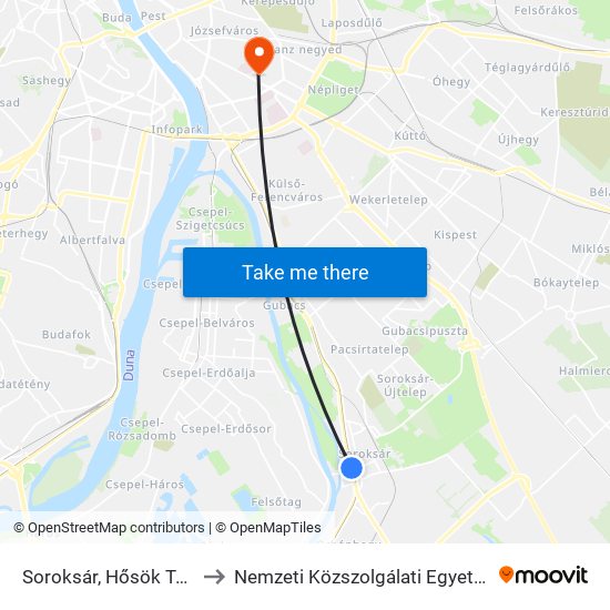 Soroksár, Hősök Tere to Nemzeti Közszolgálati Egyetem map