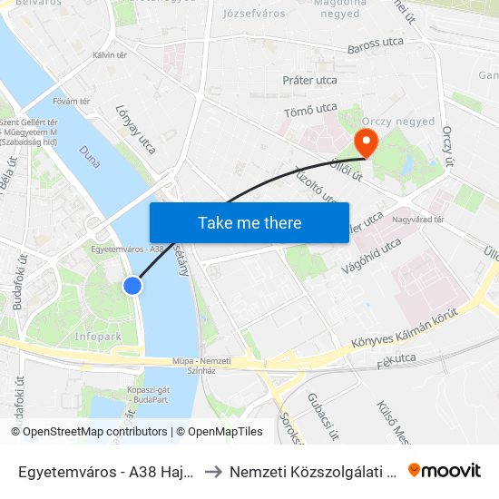 Egyetemváros - A38 Hajóállomás to Nemzeti Közszolgálati Egyetem map