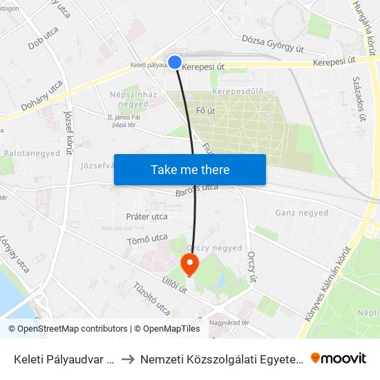 Keleti Pályaudvar M to Nemzeti Közszolgálati Egyetem map