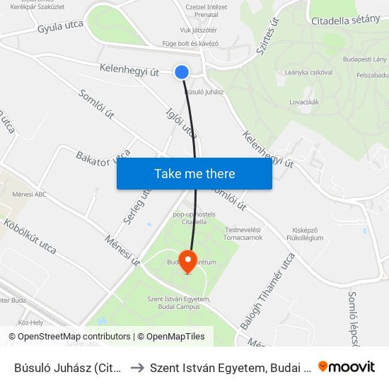 Búsuló Juhász (Citadella) to Szent István Egyetem, Budai Campus map