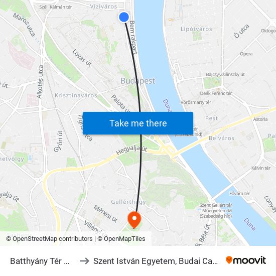 Batthyány Tér M+H to Szent István Egyetem, Budai Campus map