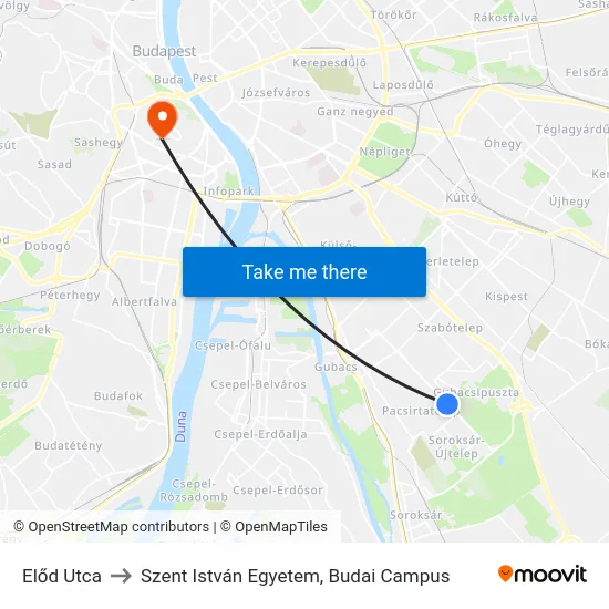 Előd Utca to Szent István Egyetem, Budai Campus map