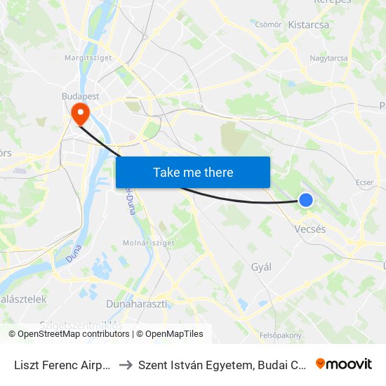 Liszt Ferenc Airport 2 to Szent István Egyetem, Budai Campus map