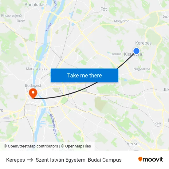 Kerepes to Szent István Egyetem, Budai Campus map