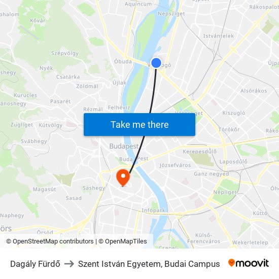 Dagály Fürdő to Szent István Egyetem, Budai Campus map
