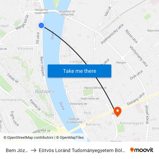 Bem József Tér to Eötvös Loránd Tudományegyetem Bölcsészettudományi Kar map