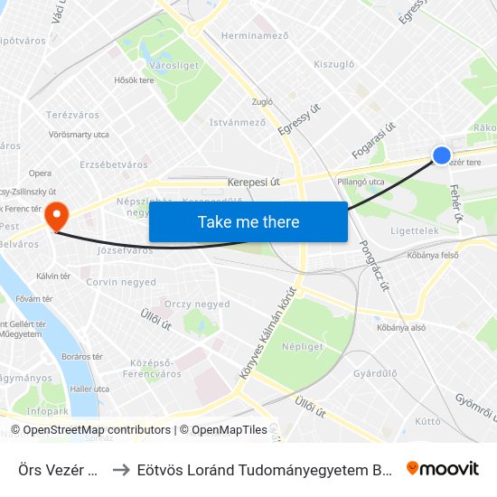 Örs Vezér Tere M+H to Eötvös Loránd Tudományegyetem Bölcsészettudományi Kar map