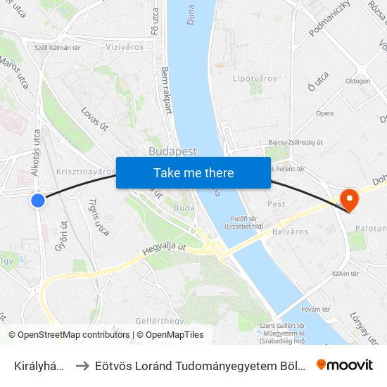 Királyhágó Utca to Eötvös Loránd Tudományegyetem Bölcsészettudományi Kar map