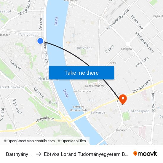 Batthyány Tér M+H to Eötvös Loránd Tudományegyetem Bölcsészettudományi Kar map