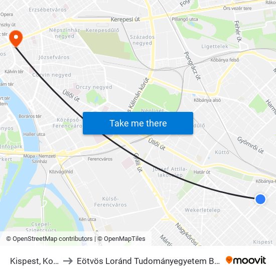 Kispest, Kossuth Tér to Eötvös Loránd Tudományegyetem Bölcsészettudományi Kar map