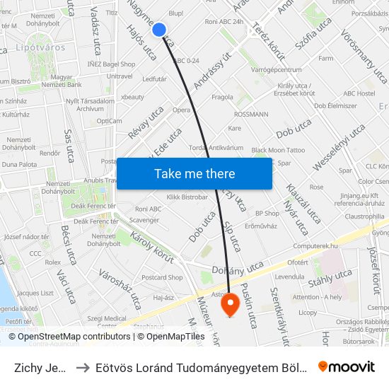 Zichy Jenő Utca to Eötvös Loránd Tudományegyetem Bölcsészettudományi Kar map