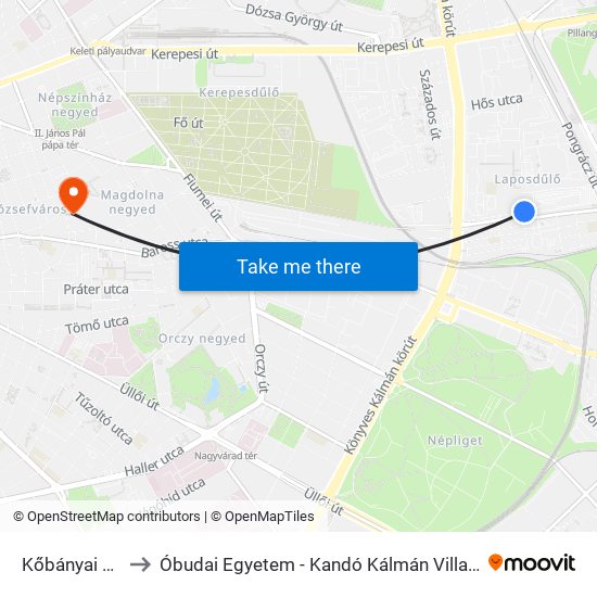 Kőbányai Garázs to Óbudai Egyetem - Kandó Kálmán Villamosmérnöki Kar map