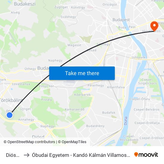 Dióskert to Óbudai Egyetem - Kandó Kálmán Villamosmérnöki Kar map