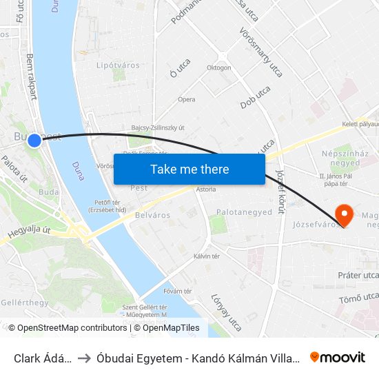 Clark Ádám Tér to Óbudai Egyetem - Kandó Kálmán Villamosmérnöki Kar map