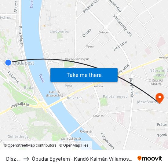 Dísz Tér to Óbudai Egyetem - Kandó Kálmán Villamosmérnöki Kar map