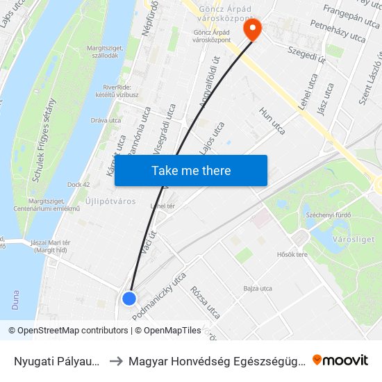 Nyugati Pályaudvar M to Magyar Honvédség Egészségügyi Központ map