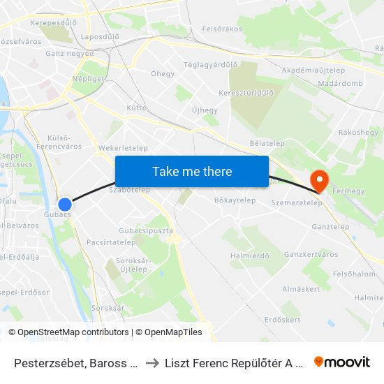 Pesterzsébet, Baross Utca to Liszt Ferenc Repülőtér A Porta map