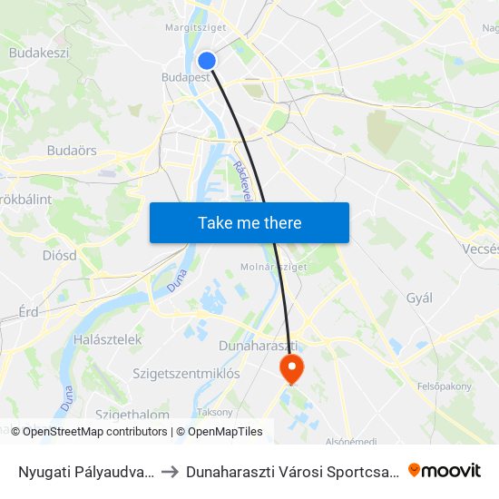 Nyugati Pályaudvar M to Dunaharaszti Városi Sportcsarnok map