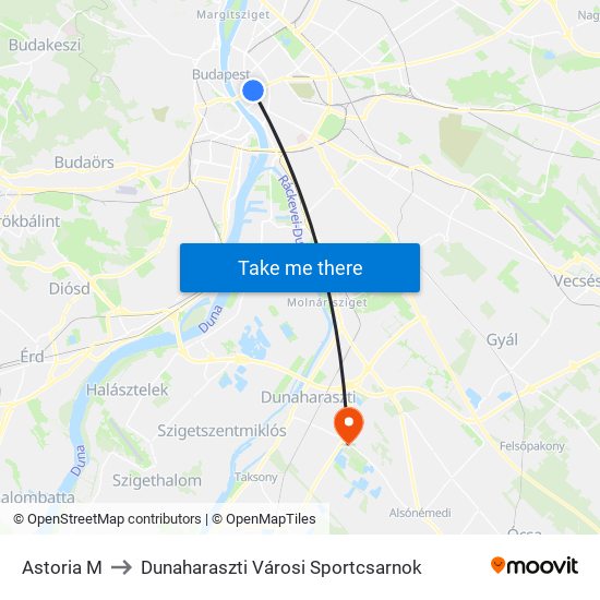 Astoria M to Dunaharaszti Városi Sportcsarnok map