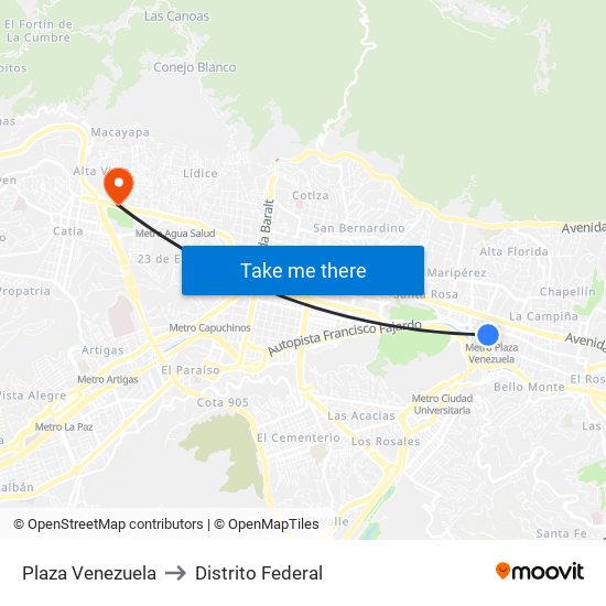 Plaza Venezuela to Distrito Federal map