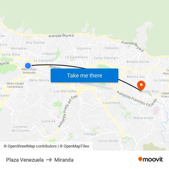 Plaza Venezuela to Miranda map