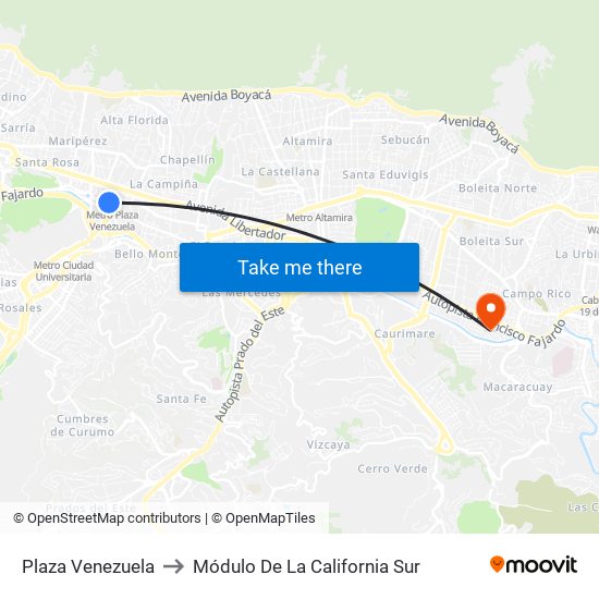 Plaza Venezuela to Módulo De La California Sur map