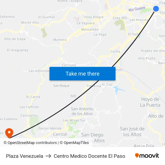 Plaza Venezuela to Centro Medico Docente El Paso map