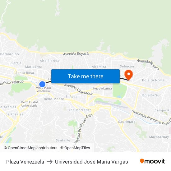 Plaza Venezuela to Universidad José María Vargas map