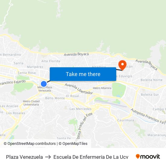 Plaza Venezuela to Escuela De Enfermería De La Ucv map