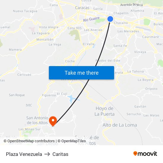 Plaza Venezuela to Caritas map