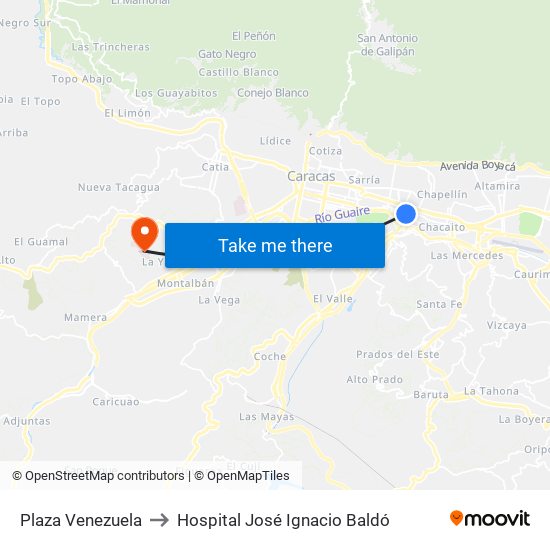 Plaza Venezuela to Hospital José Ignacio Baldó map