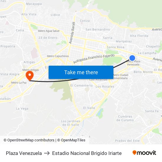 Plaza Venezuela to Estadio Nacional Brigido Iriarte map