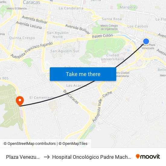 Plaza Venezuela to Hospital Oncológico Padre Machado map
