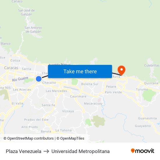 Plaza Venezuela to Universidad Metropolitana map