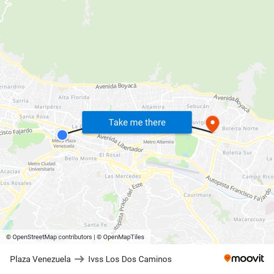 Plaza Venezuela to Ivss Los Dos Caminos map