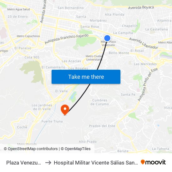 Plaza Venezuela to Hospital Militar Vicente Sálias Sanoja map