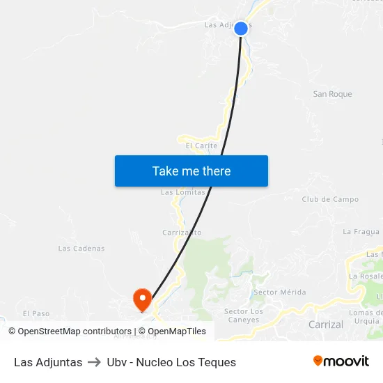 Las Adjuntas to Ubv - Nucleo Los Teques map