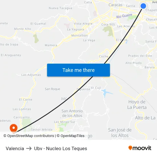 Valencia to Ubv - Nucleo Los Teques map