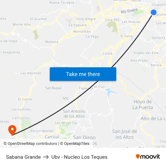 Sabana Grande to Ubv - Nucleo Los Teques map