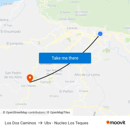Los Dos Caminos to Ubv - Nucleo Los Teques map