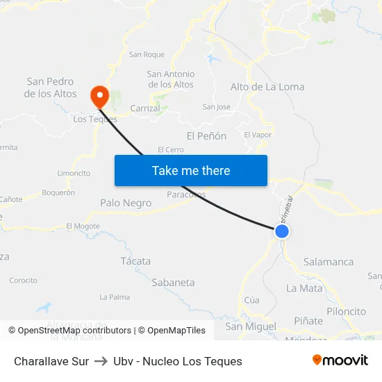 Charallave Sur to Ubv - Nucleo Los Teques map