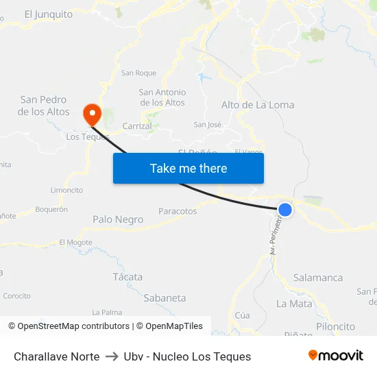 Charallave Norte to Ubv - Nucleo Los Teques map